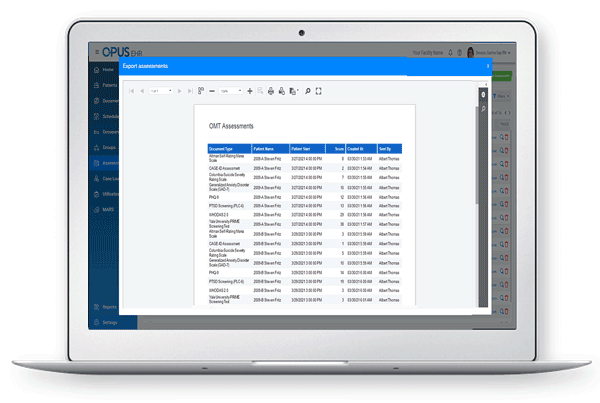 Opus — OMT assessments export view screenshot