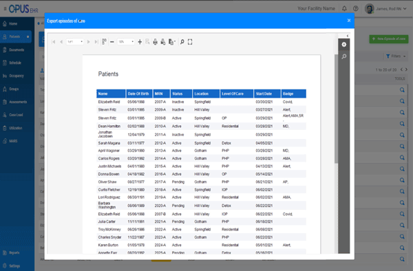 Opus — Export episodes of care with patient roster screenshot
