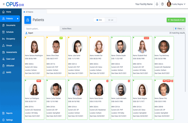 Opus — Patient grid view with active filters and level-of-care tags screenshot